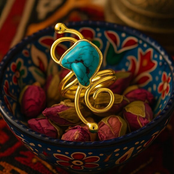 Turkish Artisan 18K Gold Plated Brass Adjustable Turquoise Cocktail Ring - Picture 1 of 11